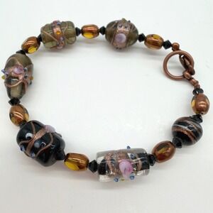 Art Glass Beaded Bracelet Copper Black Lampwork Murano Style 7 Inch